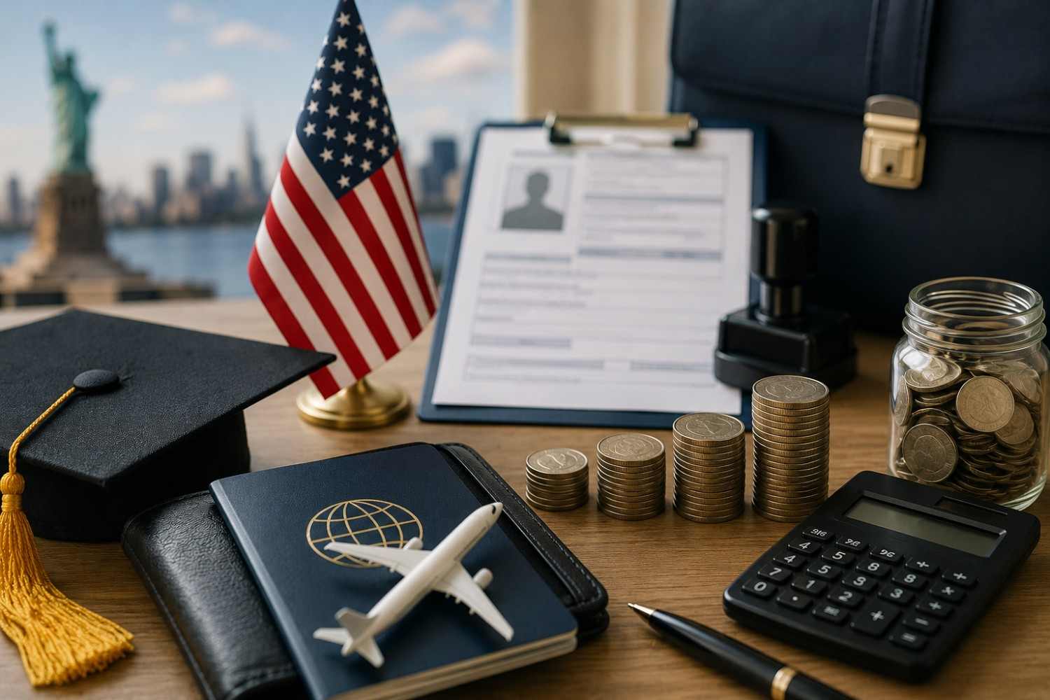 USA work visa cost for Indian applicants with passport, visa application documents, calculator, coins, U.S. flag and travel essentials.